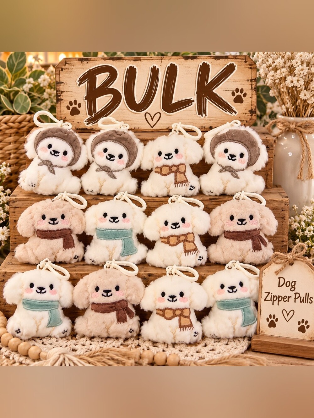 BULK Plush Dog Zipper Pulls Keychains